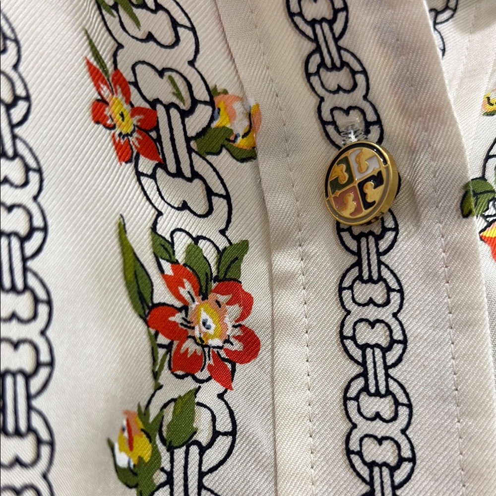 Floral Stripe Button-Up Women’s Top - White with Orange & Green - Picture 3 of 5
